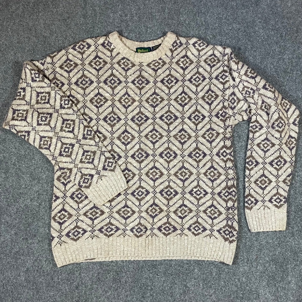 Vintage Byford Sweater Mens Large Beige Geometric Print Knit England